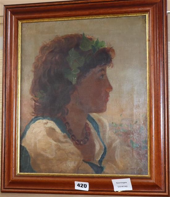 K. Way, oil on canvas, Sketch of an Italian girl wearing ivy in her hair, signed and dated 1899, 35 x 30cm